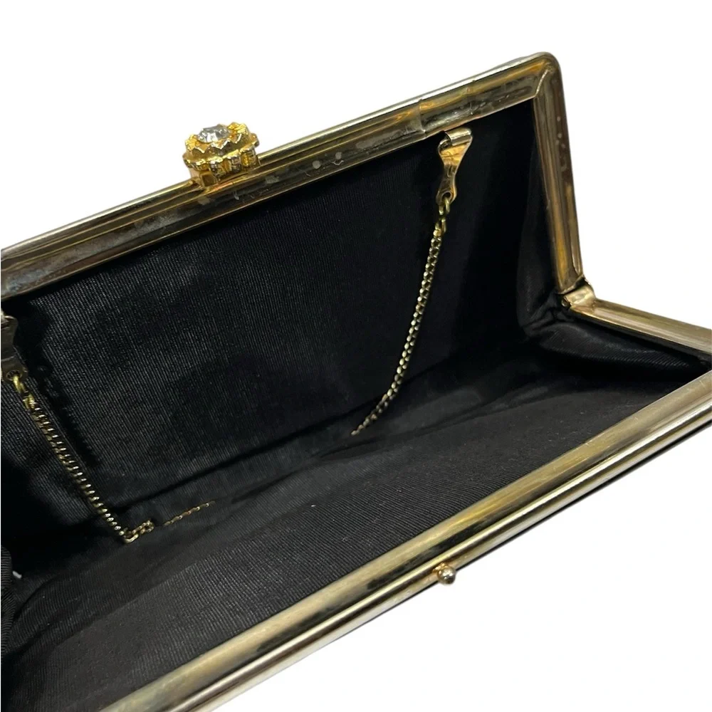 Vintage Patent Leather Evening Clutch Kiss Lock Gold Rhinestone Flower